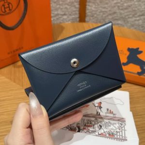 Hermes Calvi Duo Compact Card Holder Handmade In Box Calfskin Leather Silver Hardware 7P Bleu Da Prusse - Image 4
