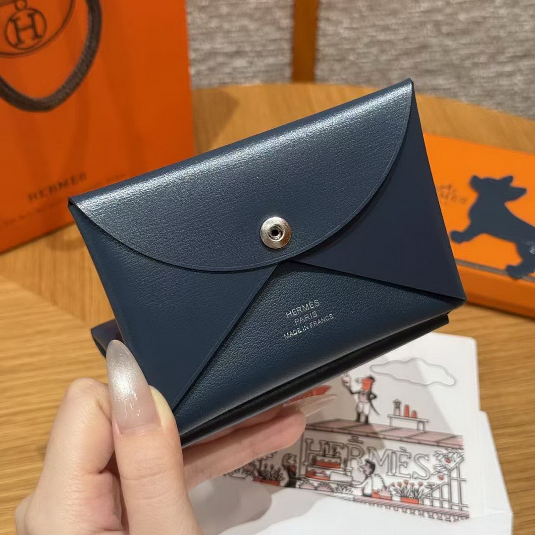 Hermes Calvi Duo Compact Card Holder Handmade In Box Calfskin Leather Silver Hardware 7P Bleu Da Prusse - Image 4