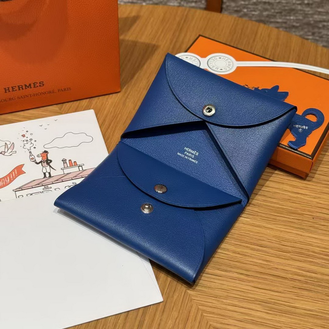 Hermes Calvi Duo Compact Card Holder Handmade In Swift And Chèvre Calfskin Leather Silver Hardware 71 Blue France - Image 12