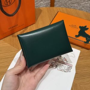 Hermes Calvi Duo Compact Card Holder Handmade In Box Calfskin Leather Silver Hardware 67 Vert Fonce