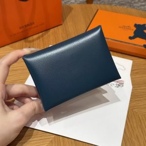 Hermes Calvi Duo Compact Card Holder Handmade In Box Calfskin Leather Silver Hardware 7P Bleu Da Prusse