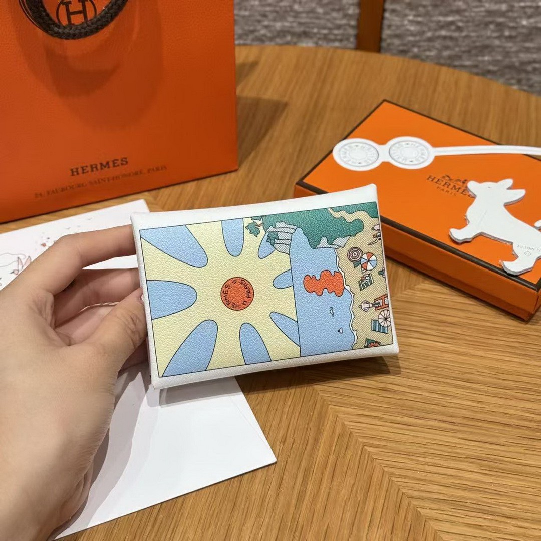 Hermes Calvi Duo Compact Card Holder Handmade In Swift And Chèvre Calfskin Leather Silver Hardware 0U New White