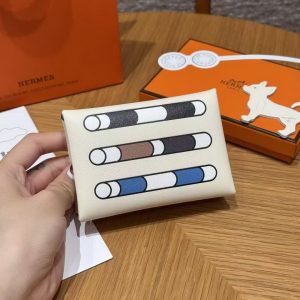 Hermes Calvi Duo Compact Card Holder Handmade In Swift And Chèvre Calfskin Leather Silver Hardware I2 Nata