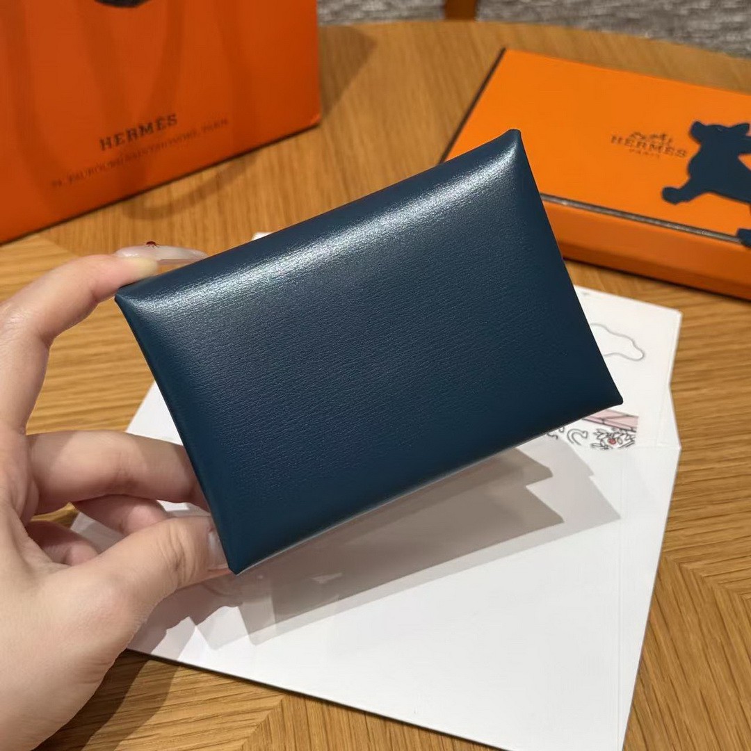 Hermes Calvi Duo Compact Card Holder Handmade In Box Calfskin Leather Silver Hardware 7P Bleu Da Prusse