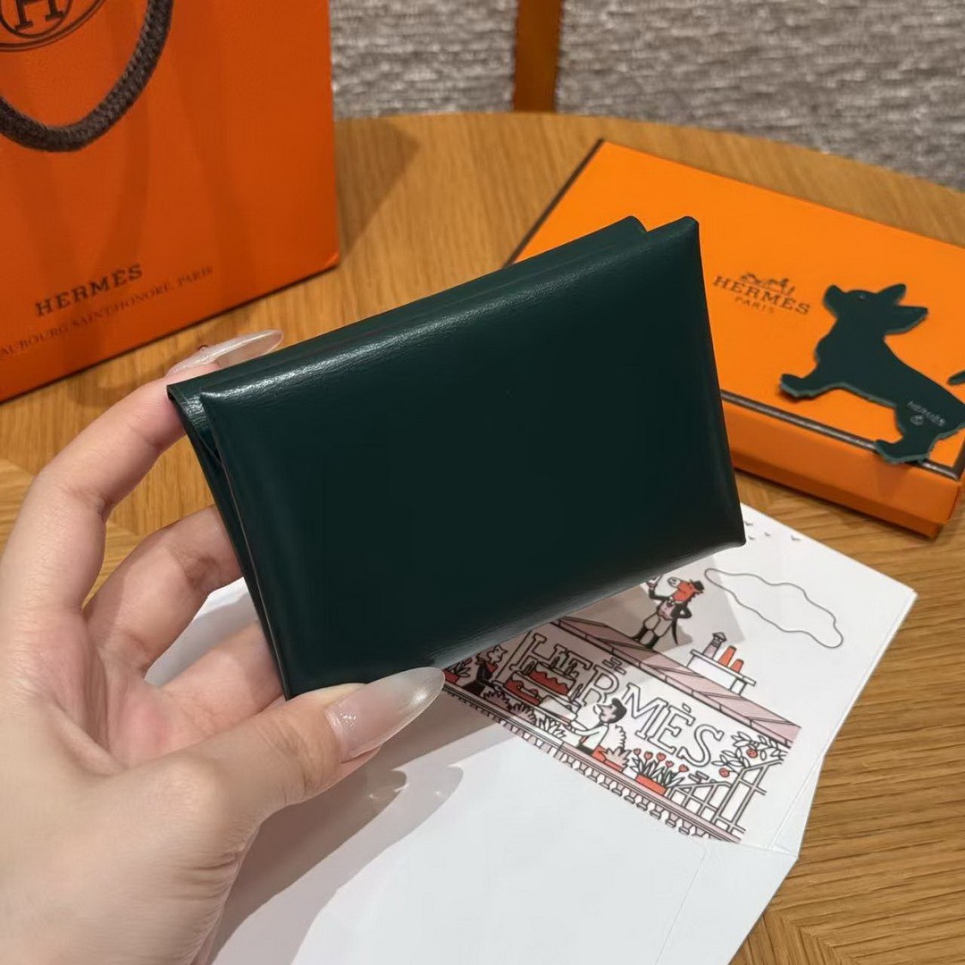 Hermes Calvi Duo Compact Card Holder Handmade In Box Calfskin Leather Silver Hardware 67 Vert Fonce - Image 2