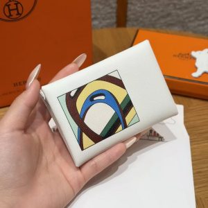 Hermes Calvi Duo Compact Card Holder Handmade In Swift And Chèvre Leather Silver Hardware 0U New White - Image 2