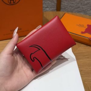 Hermes Calvi Duo Compact Card Holder Handmade In Swift And Chèvre Leather Silver Hardware X Rouge Piment - Image 2