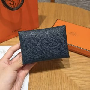 Hermes Calvi Duo Compact Card Holder Handmade In Epsom Calfskin Leather Silver Hardware Y7 Bleu Orage