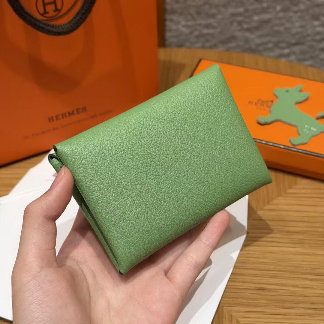 Hermes Calvi Duo Compact Card Holder Handmade In Evercolor Calfskin Leather Silver Hardware 3l Vert Criquent - Image 2