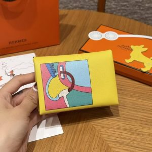 Hermes Calvi Duo Compact Card Holder Handmade In Swift And Chèvre Calfskin Leather Silver Hardware 9R Lime - Image 2