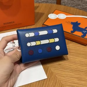 Hermes Calvi Duo Compact Card Holder Handmade In Swift And Chèvre Calfskin Leather Silver Hardware 71 Blue France - Image 2