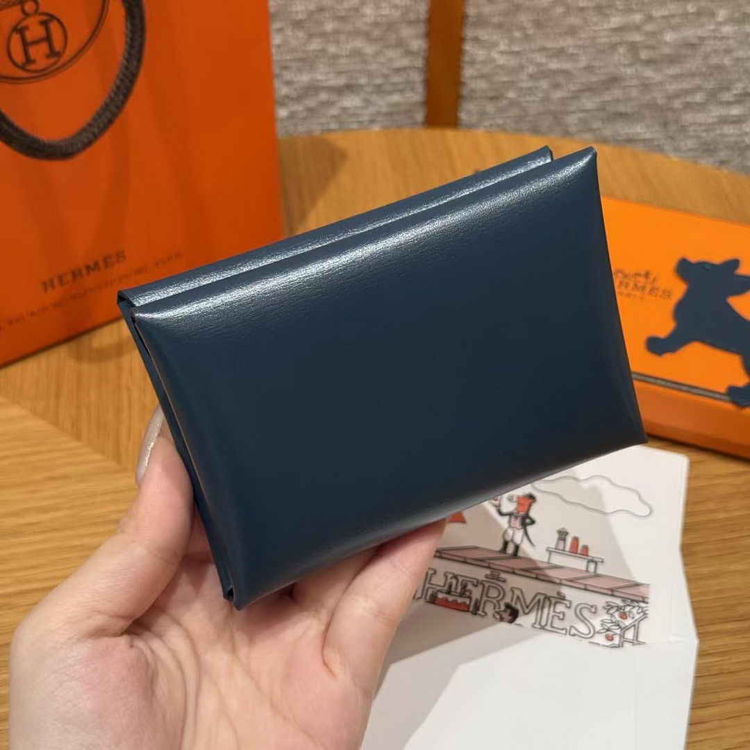 Hermes Calvi Duo Compact Card Holder Handmade In Box Calfskin Leather Silver Hardware 7P Bleu Da Prusse - Image 2