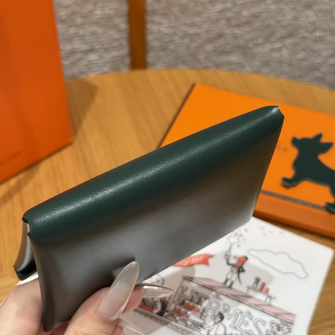 Hermes Calvi Duo Compact Card Holder Handmade In Box Calfskin Leather Silver Hardware 67 Vert Fonce - Image 12