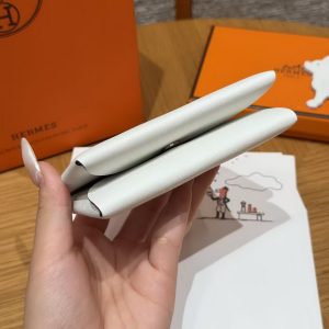 Hermes Calvi Duo Compact Card Holder Handmade In Swift And Chèvre Leather Silver Hardware 0U New White - Image 12