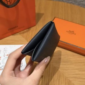 Hermes Calvi Duo Compact Card Holder Handmade In Epsom Calfskin Leather Silver Hardware Y7 Bleu Orage - Image 2
