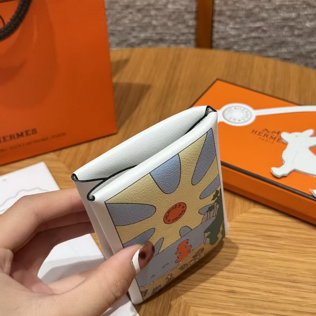 Hermes Calvi Duo Compact Card Holder Handmade In Swift And Chèvre Calfskin Leather Silver Hardware 0U New White - Image 16