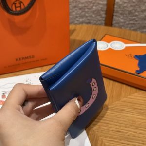 Hermes Calvi Duo Compact Card Holder Handmade In Swift And Chèvre Calfskin Leather Silver Hardware 71 Blue France - Image 16