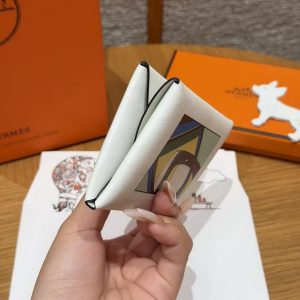 Hermes Calvi Duo Compact Card Holder Handmade In Swift And Chèvre Leather Silver Hardware 0U New White - Image 11