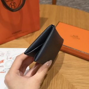 Hermes Calvi Duo Compact Card Holder Handmade In Epsom Calfskin Leather Silver Hardware Y7 Bleu Orage - Image 11