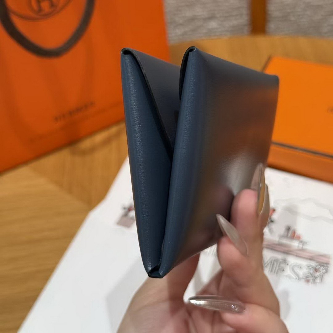 Hermes Calvi Duo Compact Card Holder Handmade In Box Calfskin Leather Silver Hardware 7P Bleu Da Prusse - Image 11