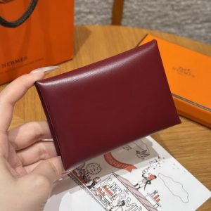 Hermes Calvi Duo Compact Card Holder Handmade In Box Calfskin Leather Silver Hardware 55 Rouge H