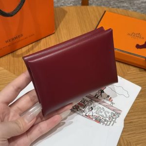 Hermes Calvi Duo Compact Card Holder Handmade In Box Calfskin Leather Silver Hardware 55 Rouge H - Image 2
