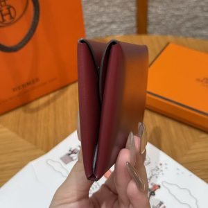 Hermes Calvi Duo Compact Card Holder Handmade In Box Calfskin Leather Silver Hardware 55 Rouge H - Image 11