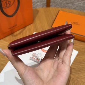 Hermes Calvi Duo Compact Card Holder Handmade In Box Calfskin Leather Silver Hardware 55 Rouge H - Image 9