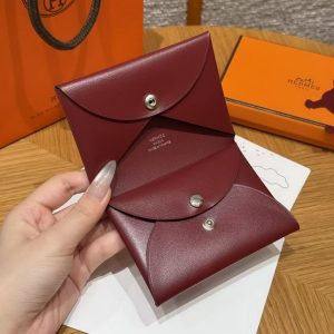 Hermes Calvi Duo Compact Card Holder Handmade In Box Calfskin Leather Silver Hardware 55 Rouge H - Image 8