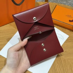 Hermes Calvi Duo Compact Card Holder Handmade In Box Calfskin Leather Silver Hardware 55 Rouge H - Image 6