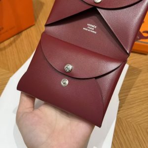 Hermes Calvi Duo Compact Card Holder Handmade In Box Calfskin Leather Silver Hardware 55 Rouge H - Image 5