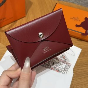 Hermes Calvi Duo Compact Card Holder Handmade In Box Calfskin Leather Silver Hardware 55 Rouge H - Image 4