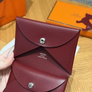 Hermes Calvi Duo Compact Card Holder Handmade In Box Calfskin Leather Silver Hardware 55 Rouge H - Image 3