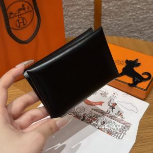 Hermes Calvi Duo Compact Card Holder Handmade In Box Calfskin Leather Silver Hardware 89 Noir - Image 2