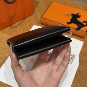 Hermes Calvi Duo Compact Card Holder Handmade In Box Calfskin Leather Silver Hardware 89 Noir - Image 11