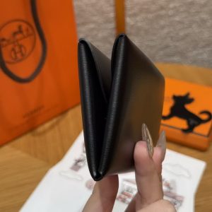Hermes Calvi Duo Compact Card Holder Handmade In Box Calfskin Leather Silver Hardware 89 Noir - Image 10