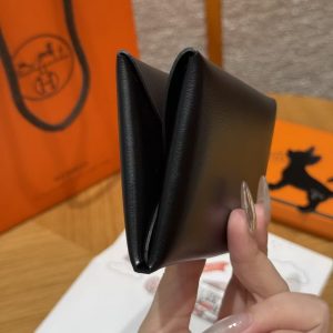 Hermes Calvi Duo Compact Card Holder Handmade In Box Calfskin Leather Silver Hardware 89 Noir - Image 9