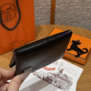 Hermes Calvi Duo Compact Card Holder Handmade In Box Calfskin Leather Silver Hardware 89 Noir - Image 8