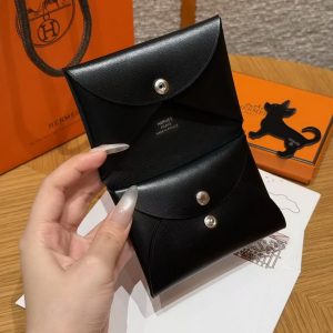 Hermes Calvi Duo Compact Card Holder Handmade In Box Calfskin Leather Silver Hardware 89 Noir - Image 7