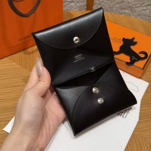 Hermes Calvi Duo Compact Card Holder Handmade In Box Calfskin Leather Silver Hardware 89 Noir - Image 6