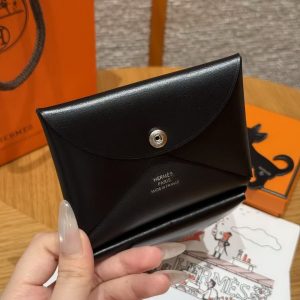 Hermes Calvi Duo Compact Card Holder Handmade In Box Calfskin Leather Silver Hardware 89 Noir - Image 5