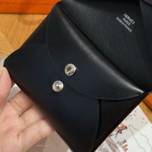 Hermes Calvi Duo Compact Card Holder Handmade In Box Calfskin Leather Silver Hardware 89 Noir - Image 4