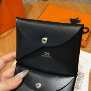 Hermes Calvi Duo Compact Card Holder Handmade In Box Calfskin Leather Silver Hardware 89 Noir - Image 3