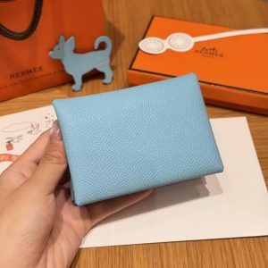 Hermes Calvi Duo Compact Card Holder Handmade In Epsom Calfskin Leather Silver Hardware 7N Celeste