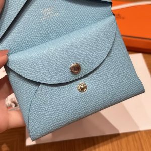 Hermes Calvi Duo Compact Card Holder Handmade In Epsom Calfskin Leather Silver Hardware 7N Celeste - Image 8