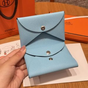 Hermes Calvi Duo Compact Card Holder Handmade In Epsom Calfskin Leather Silver Hardware 7N Celeste - Image 7