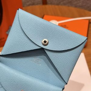 Hermes Calvi Duo Compact Card Holder Handmade In Epsom Calfskin Leather Silver Hardware 7N Celeste - Image 5
