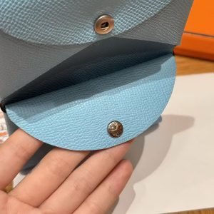 Hermes Calvi Duo Compact Card Holder Handmade In Epsom Calfskin Leather Silver Hardware 7N Celeste - Image 4