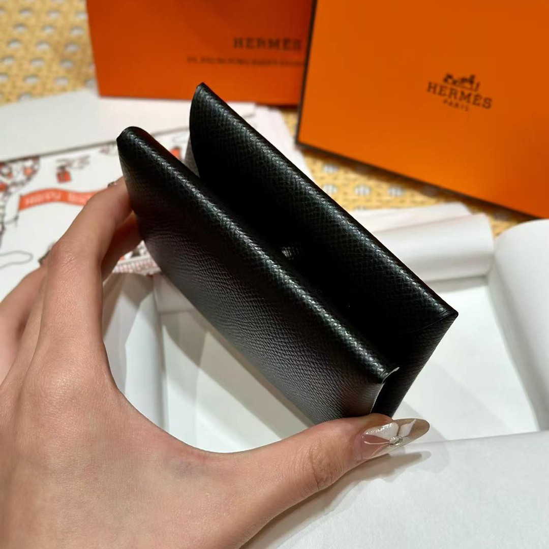 Hermes Calvi Duo Compact Card Holder Handmade In Epsom Calfskin Leather Silver Hardware 89 Nior - Image 2