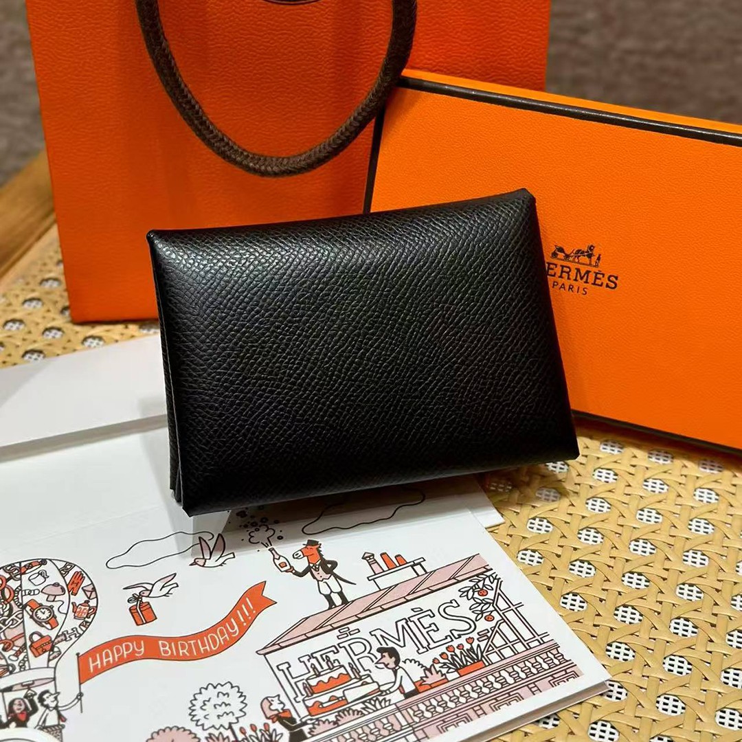 Hermes Calvi Duo Compact Card Holder Handmade In Epsom Calfskin Leather Silver Hardware 89 Nior - Image 12